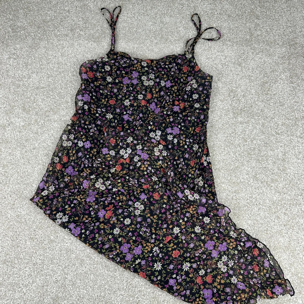 City Triangles Vintage 90s Floral Chiffon Ruffle Midi Dress Black Purple Size 11 - Picture 12 of 12